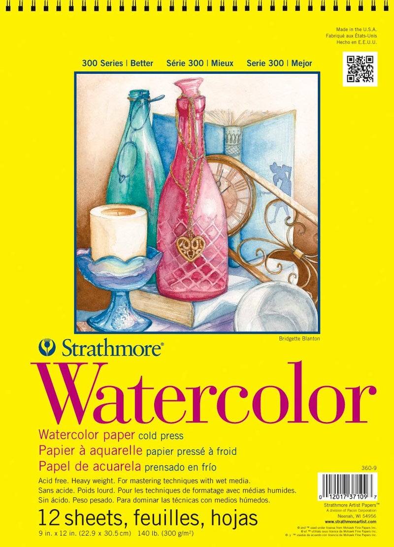 Strathmore دفتر ورق مائي من ستراثمور 300، مربوط من الأعلى، 9x12 بوصة، 12 ورقة (140 رطل/300 جرام) - ورق فني للبالغين والطلاب - للألوان المائية، الوسائط المختلطة، الأقلام، ومذكرات الفن - Image 1